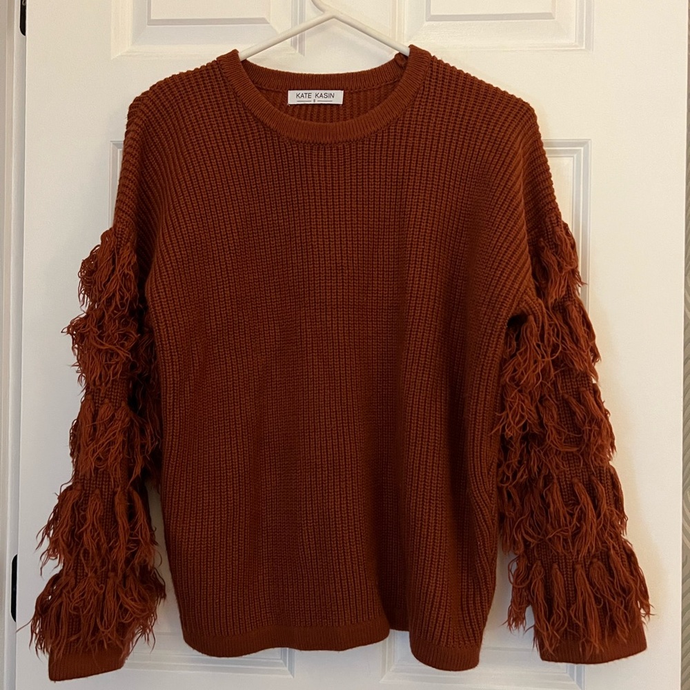 SHEIN Rust Sweater with Fringe Sleeves